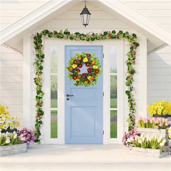 22” Artificial Spring Wreath for Front Door Summer Wreath with Colorful Poppy - Picture 11 of 16